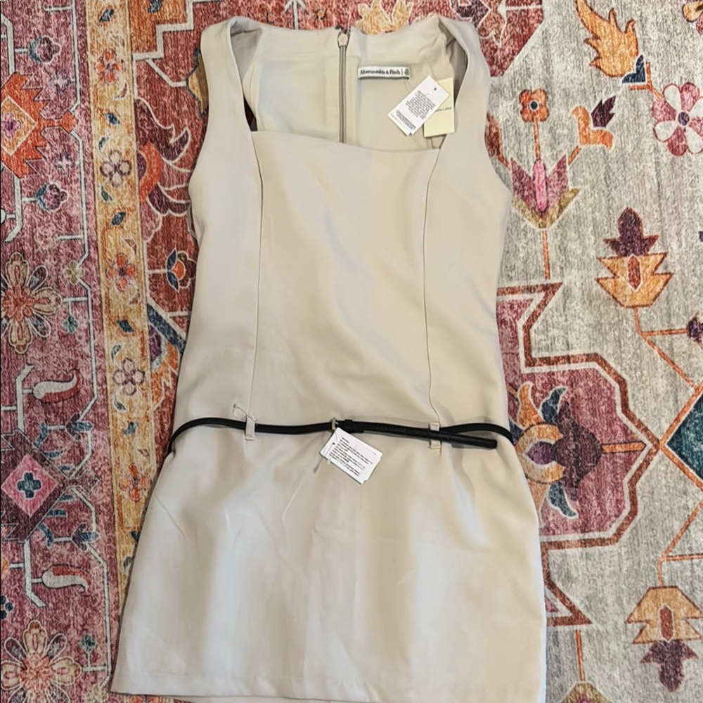 Tan/nude mini dress with skinny waist belt